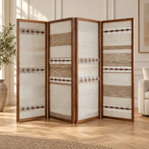 Mahogany-Framed Natural Linen Folding Screen in clay — front view