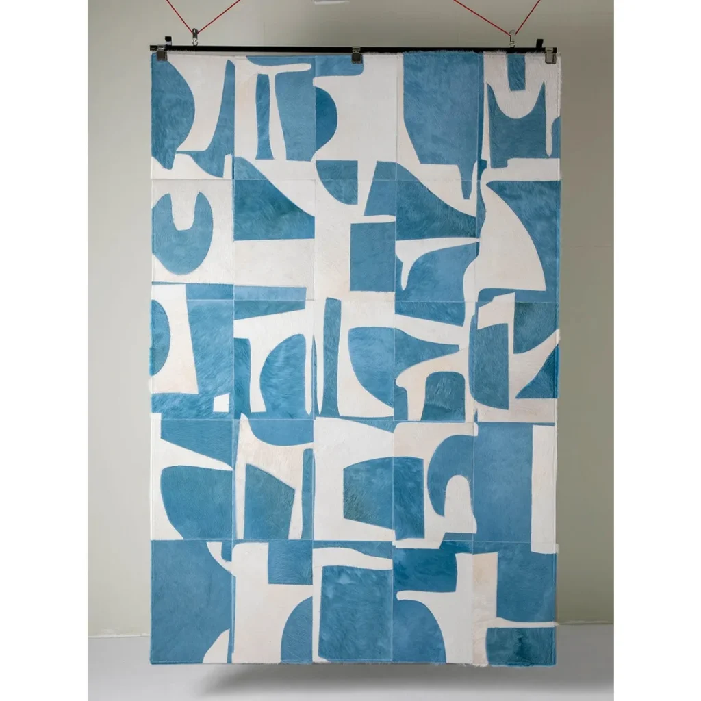 Blue and Cream Abstract Collage Rug in blue — front view
