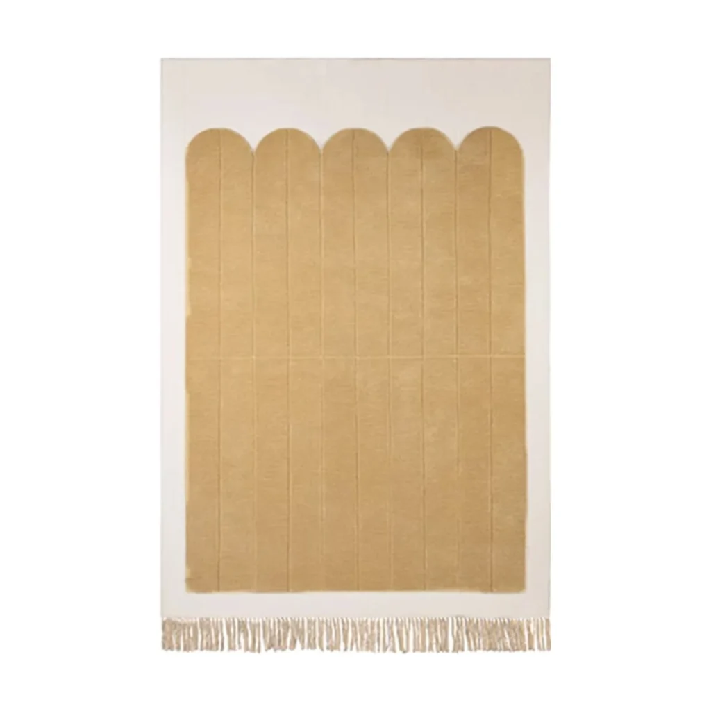 Light Yellow Arch Stripe Rug with Fringe in mustard — front view