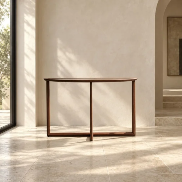 Walnut Console with Glass Top and Rounded Ends, 120 cm in walnut — in a room setting