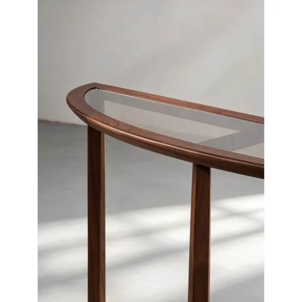 Walnut Console with Glass Top and Rounded Ends, 120 cm in walnut — in a room setting