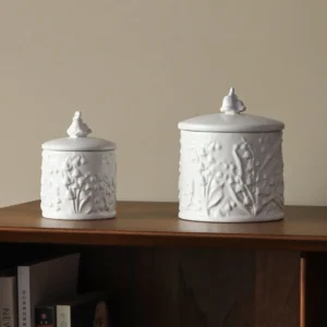 Lily of the Valley Relief Ceramic Jewellery Jar in ivory — front view