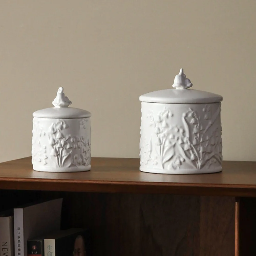 Lily of the Valley Relief Ceramic Jewellery Jar in ivory — front view