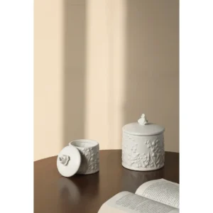 Lily of the Valley Relief Ceramic Jewellery Jar in ivory — in a room setting