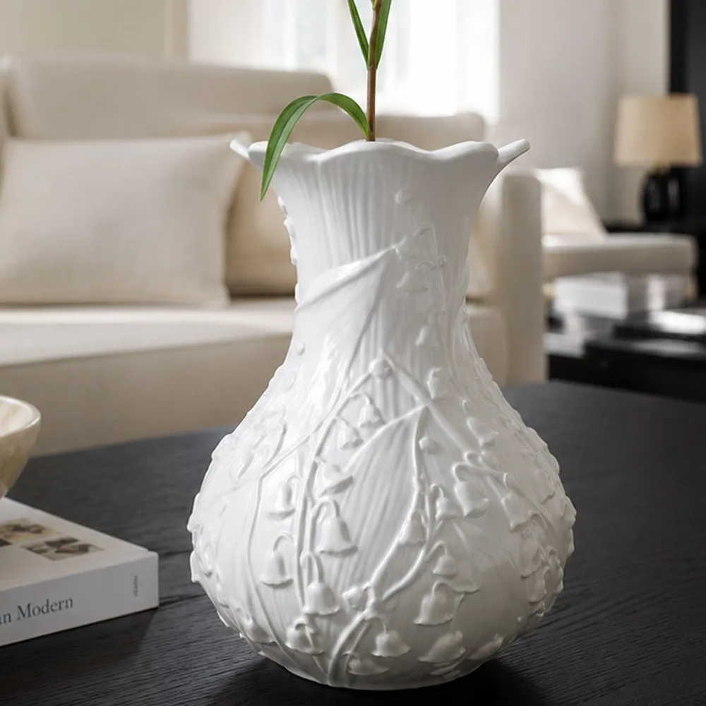 Lily of the Valley Relief White Ceramic Vase in ivory — front view