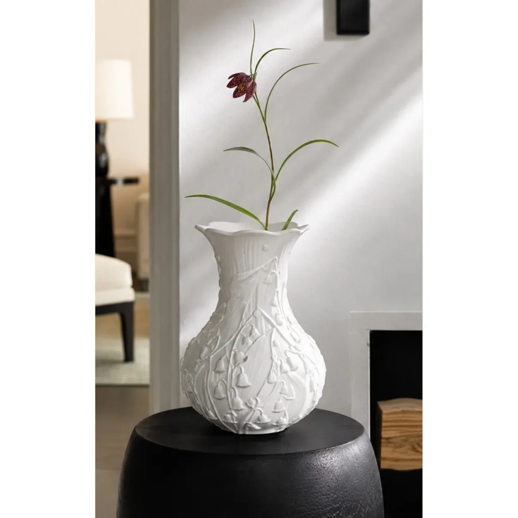 Lily of the Valley Relief White Ceramic Vase in ivory — in a room setting