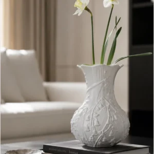 Lily of the Valley Relief White Ceramic Vase in ivory — in a room setting