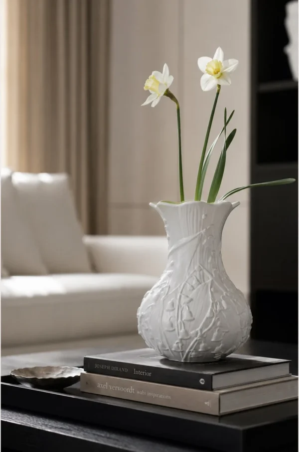 Lily of the Valley Relief White Ceramic Vase in ivory — in a room setting
