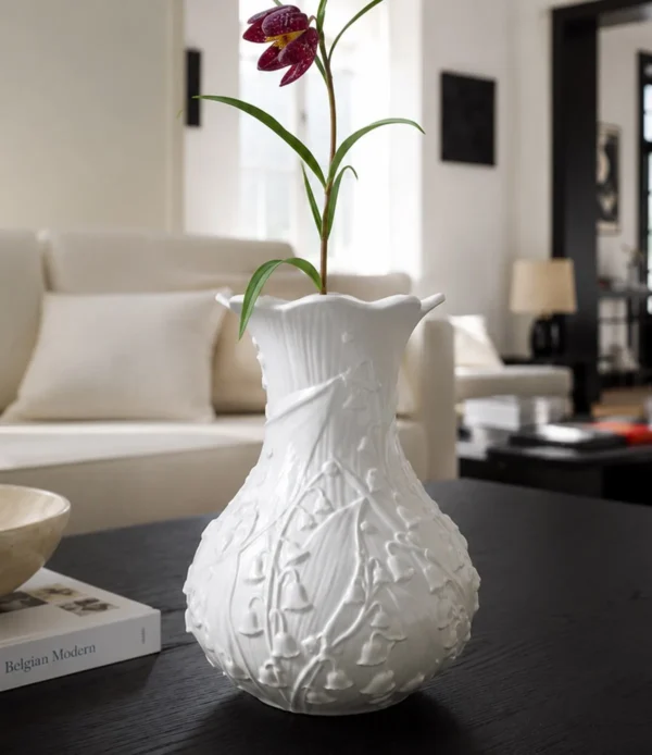 Lily of the Valley Relief White Ceramic Vase in ivory — in a room setting