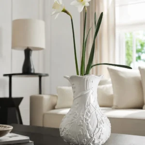 Lily of the Valley Relief White Ceramic Vase in ivory — in a room setting