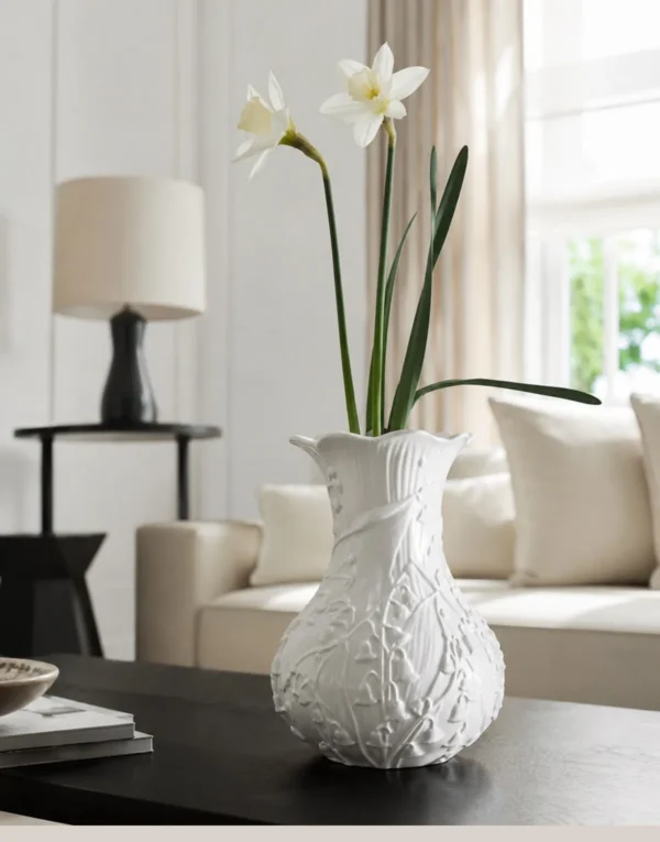 Lily of the Valley Relief White Ceramic Vase in ivory — in a room setting
