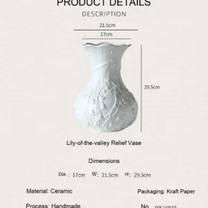 Lily of the Valley Relief White Ceramic Vase in ivory — dimensions