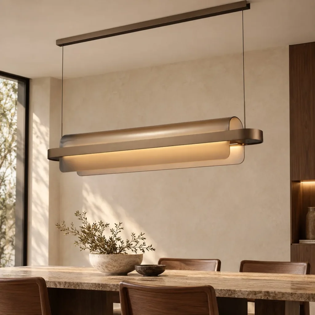 Linear Amber Arc Sheet Pendant Light, 120 or 150 cm in clay — front view