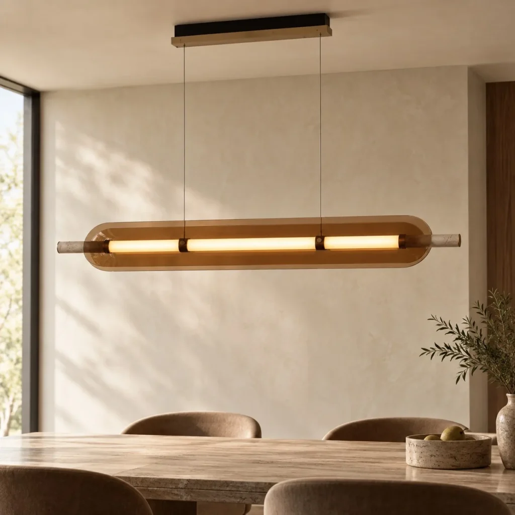 Linear Amber Wing Pendant Light with Stone Cores, 120 cm in clay — front view