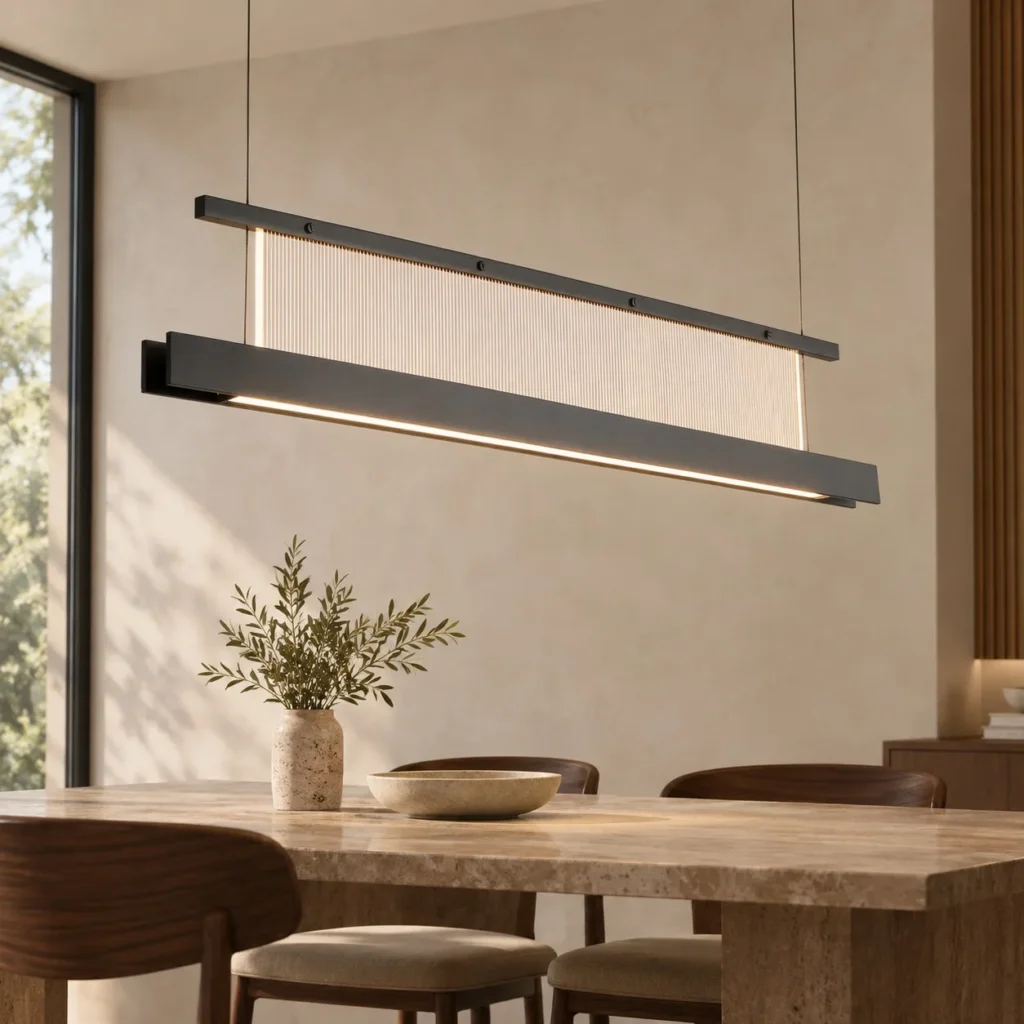 Linear Black Frame Ribbed Glass Pendant Light, 120 or 150 cm in ivory — front view
