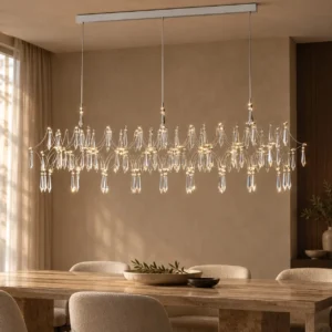 Linear Crystal Chain Web Chandelier, 67 Drops, 123 cm in silver — front view
