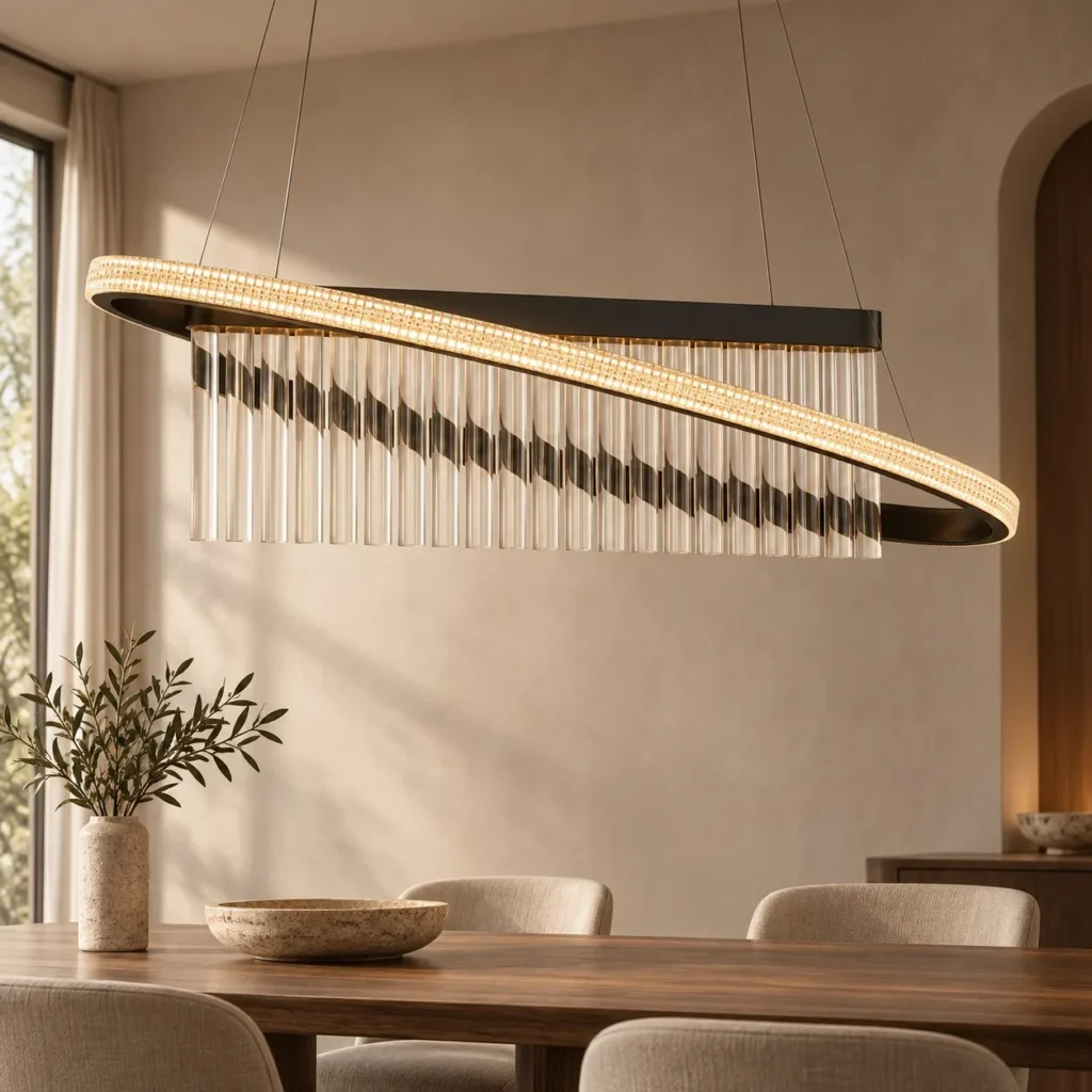 Linear Crystal Tilted Ring Chandelier with Gold Bar, 120 cm in silver — front view
