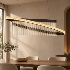 Linear Crystal Tilted Ring Chandelier with Gold Bar, 120 cm in silver — front view