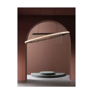 Linear Crystal Tilted Ring Chandelier with Gold Bar, 120 cm in silver — in a room setting