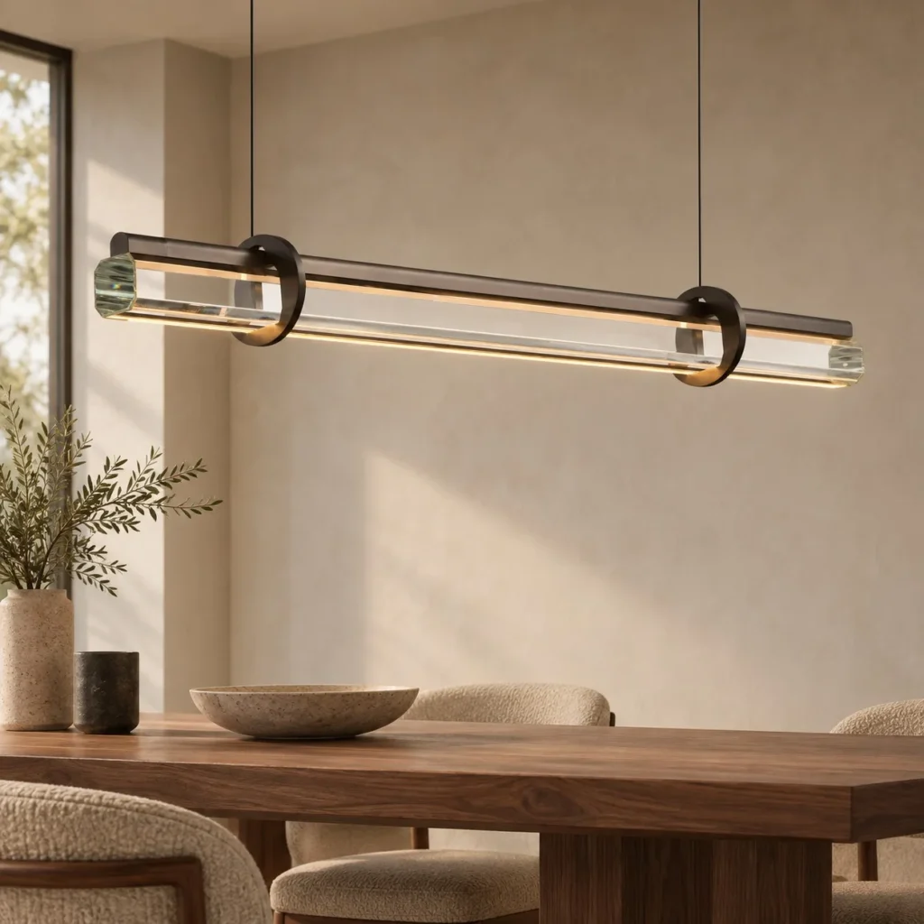 Linear Crystal Tube Pendant Light in ivory — front view