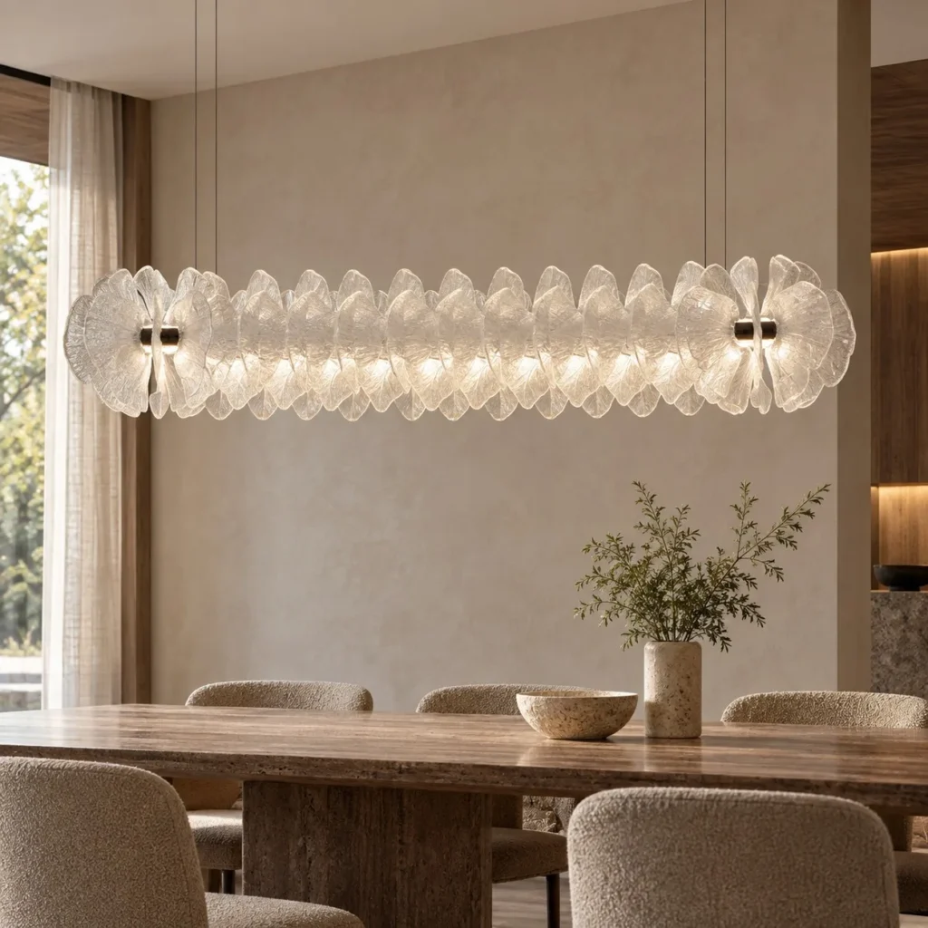 Linear Ginkgo Leaf Glass Pendant Light, 120 or 160 cm in ivory — front view