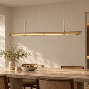 Linear Gold Rim Alabaster-Effect Bar Pendant Light, 140 cm in sand — front view