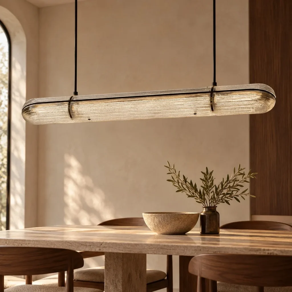 Linear Gold Thread Glass Capsule Pendant Light, 120 or 160 in brushed brass — front view