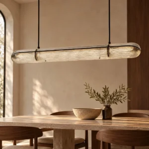 Linear Gold Thread Glass Capsule Pendant Light, 120 or 160 in brushed brass — front view