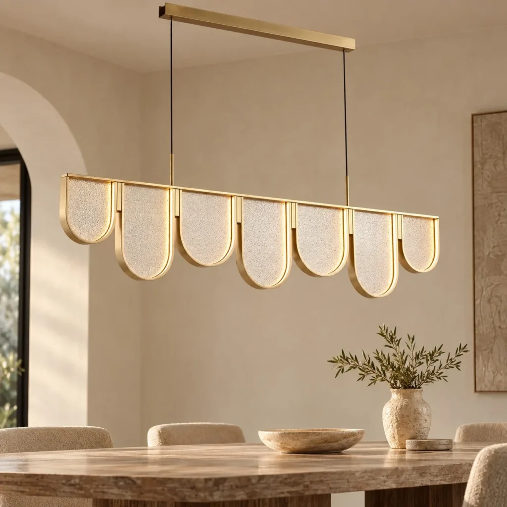 Linear Gold Wave Scale Pendant Light, 168 cm in brushed brass — front view