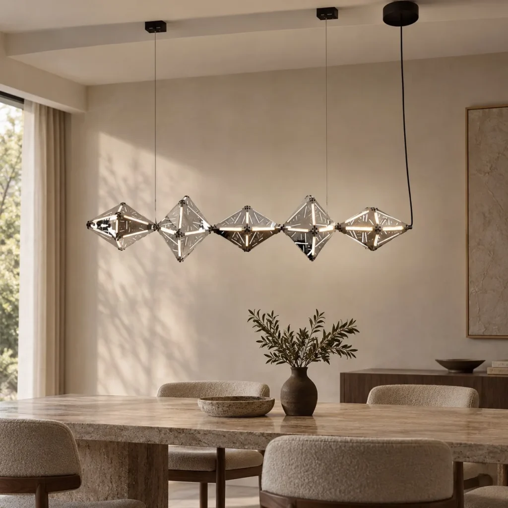 Linear Prism Diamond Chandelier, Five Lights, 138 cm in silver — front view
