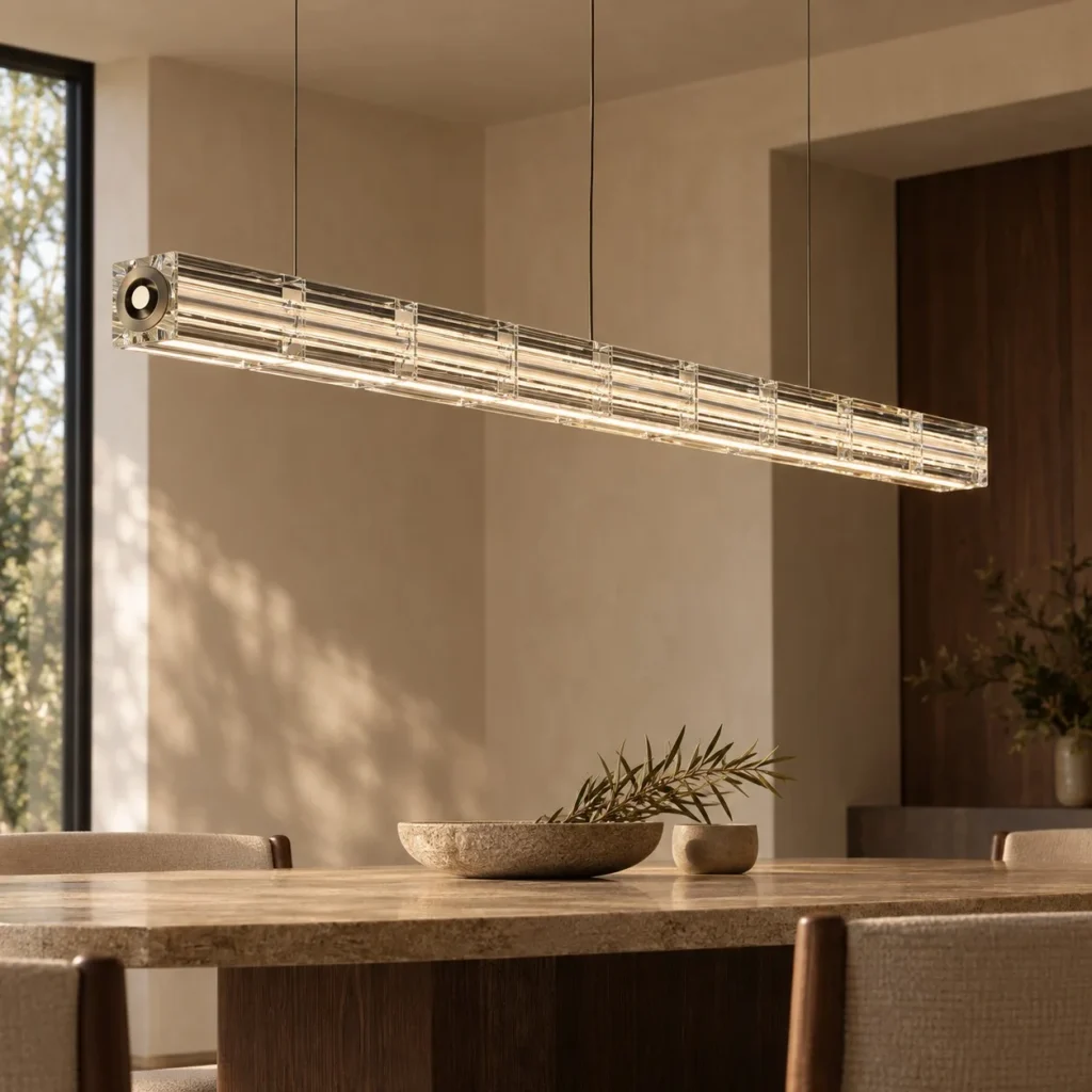 Linear Rectangular Crystal Column Pendant Light, 120 or 160 in ivory — front view