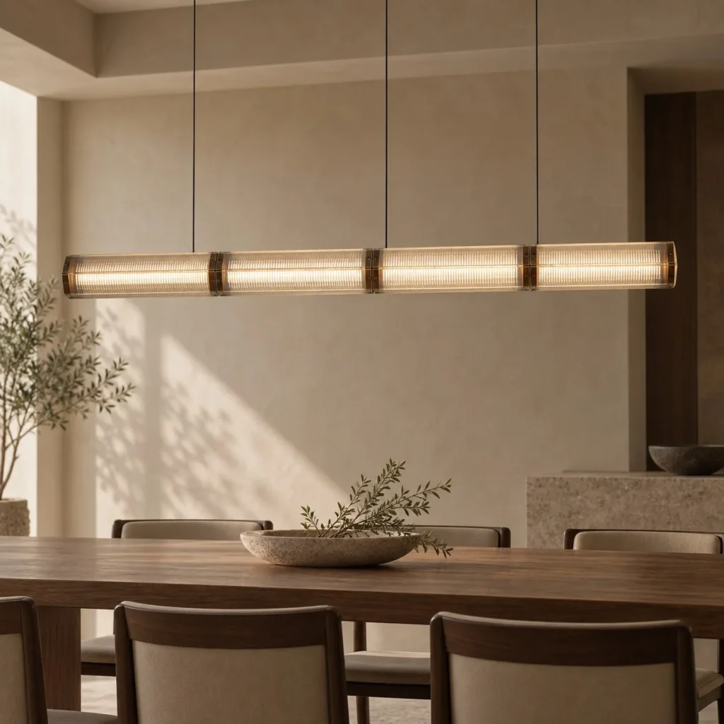 Linear Ribbed Glass Column Pendant Light, 120 or 160 cm in ivory — front view
