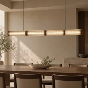 Linear Ribbed Glass Column Pendant Light, 120 or 160 cm in ivory — front view