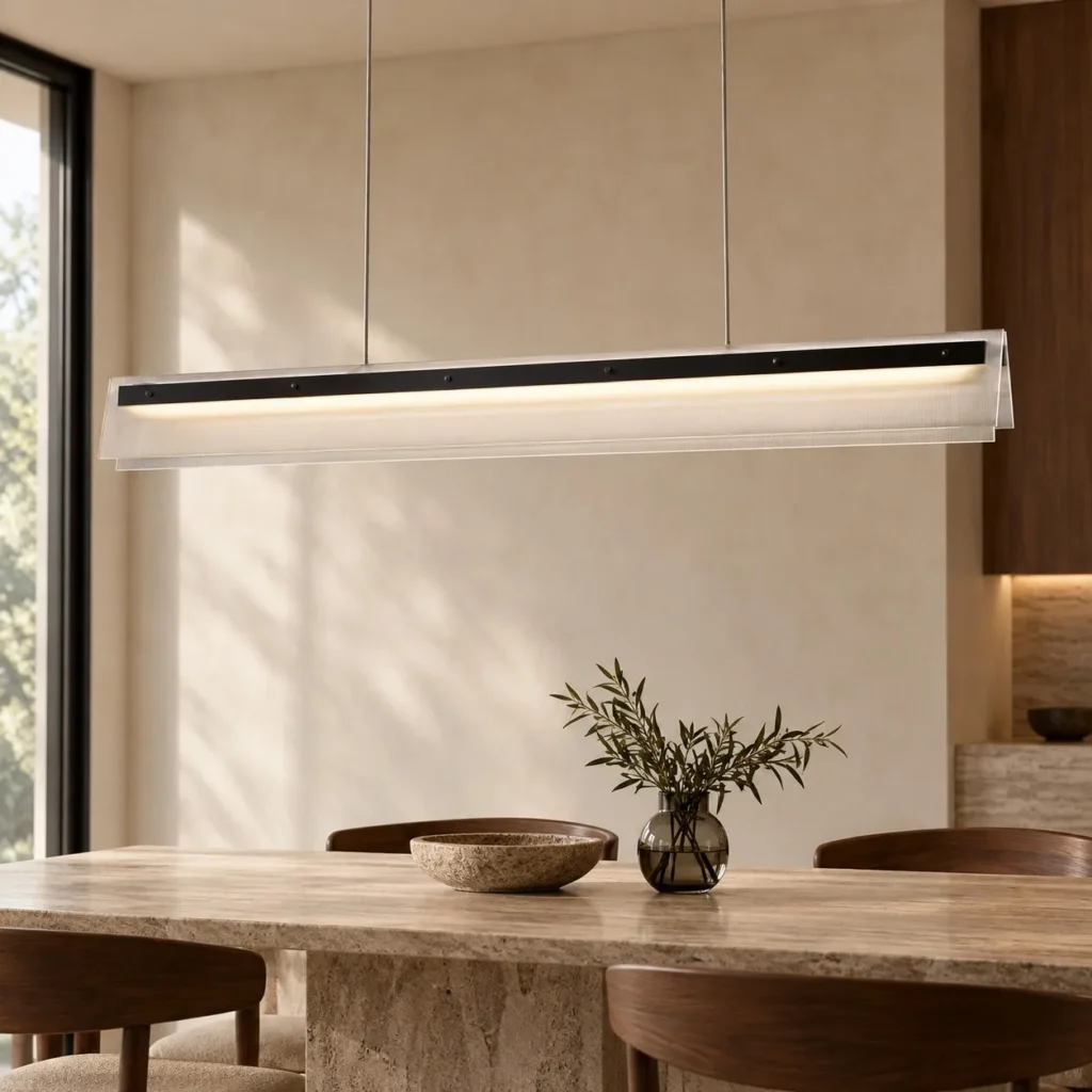 Linear Ribbed Glass Bar Pendant Light, 120 cm in ivory — front view