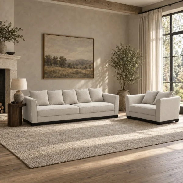 Little Frog Old-Money Sofa in Cream Fabric on Red Oak Base — in a room setting