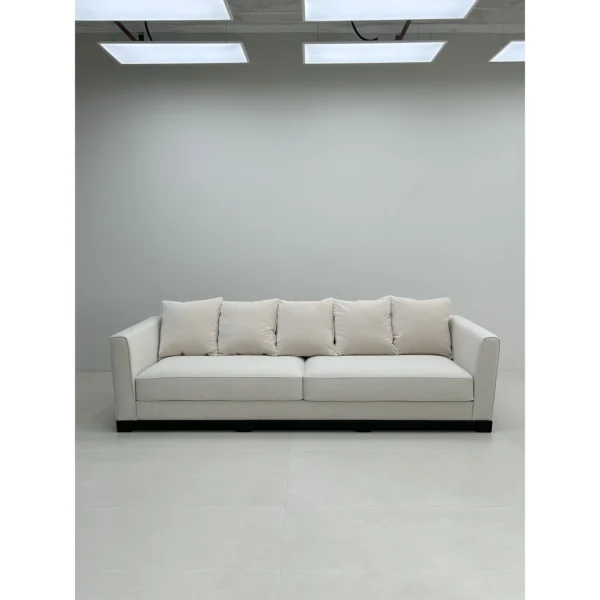 Little Frog Old-Money Sofa in Cream Fabric on Red Oak Base — in a room setting