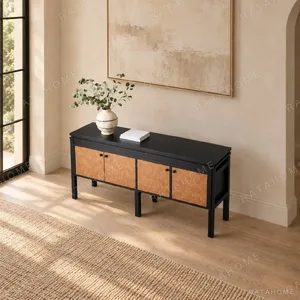 Liuwen Black Console Cabinet with Burl Veneer Doors in black — in a room setting