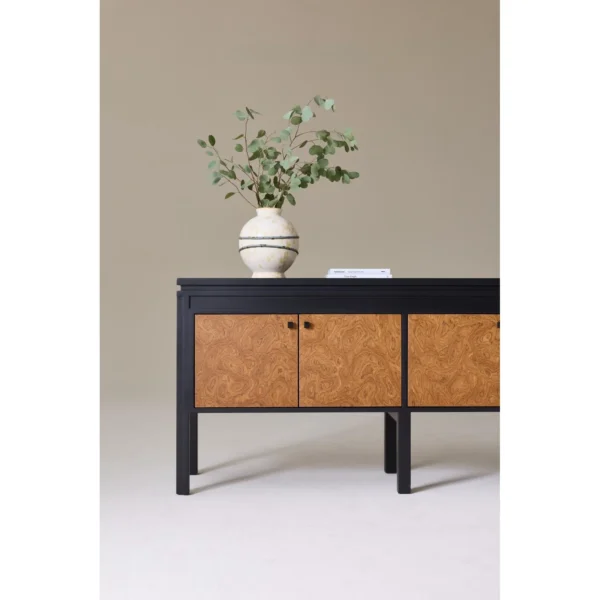 Liuwen Black Console Cabinet with Burl Veneer Doors in black — in a room setting