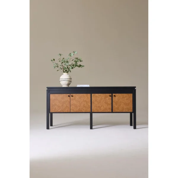 Liuwen Black Console Cabinet with Burl Veneer Doors in black — in a room setting