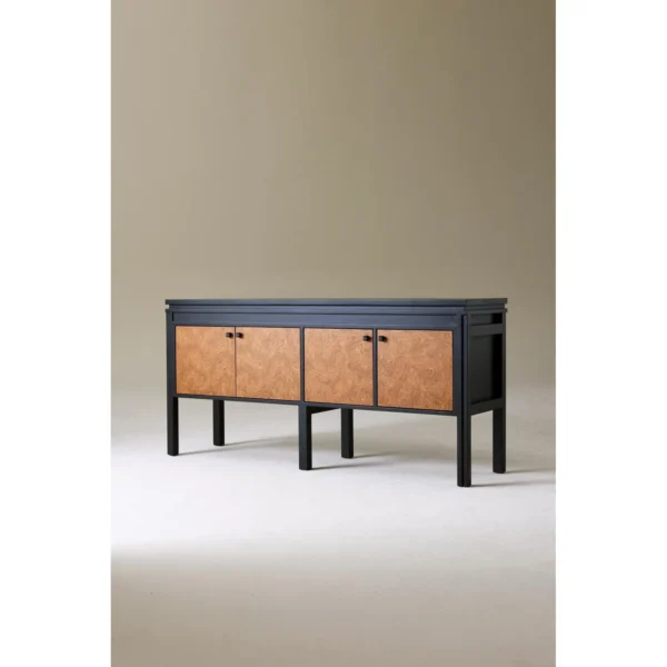 Liuwen Black Console Cabinet with Burl Veneer Doors in black — in a room setting