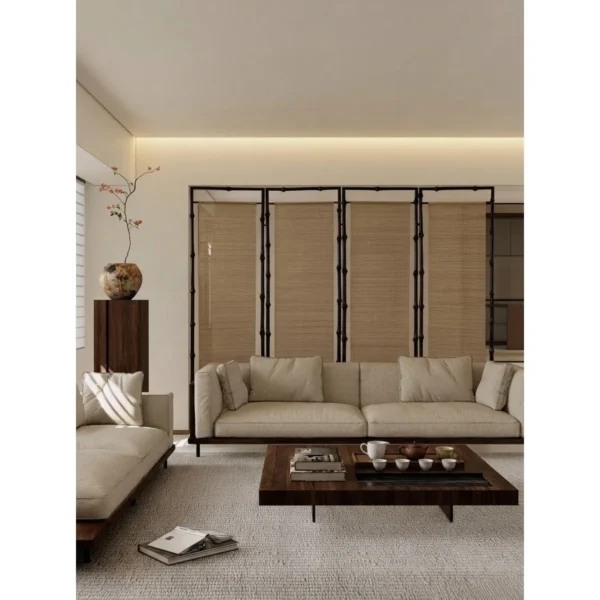 Translucent Bamboo Three-Panel Room Screen in natural oak — in a room setting