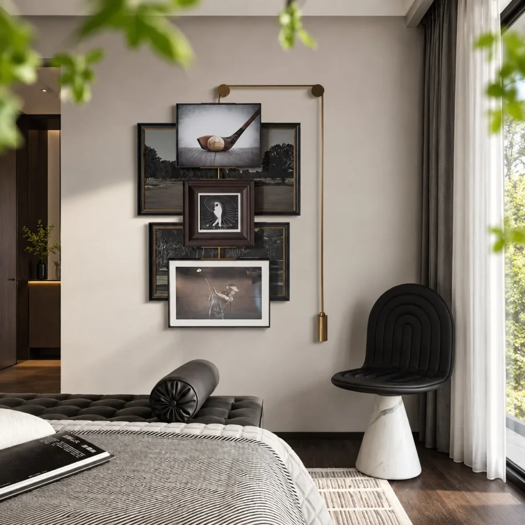 Gallery Wall Art Set of 4 on Brass Hanging Rail in black — front view