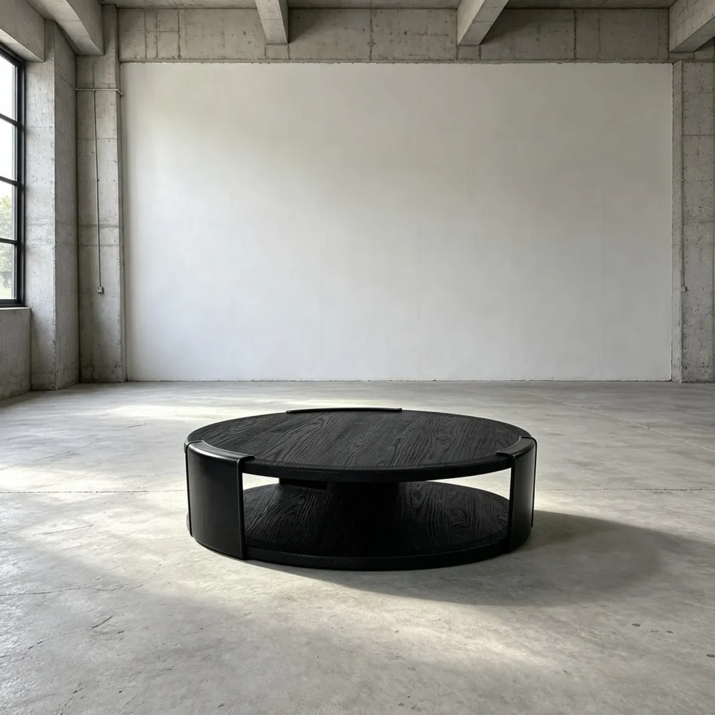 Black Ash Round Coffee Table with Copper Inlay, 150 cm in black — front view