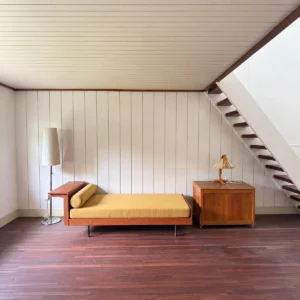 Loft Cherry Daybed in Vintage Yellow Linen with Side Ledge — front view