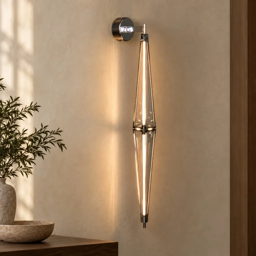 Long Diamond Prism Wall Light in Clear Glass and Chrome — front view
