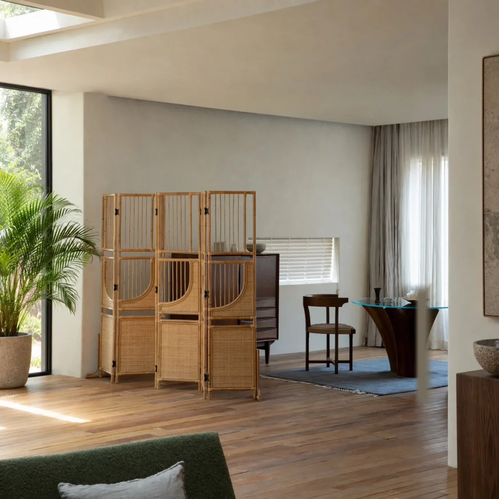 Long Summer All-Rattan Folding Screen with Butterfly Hinges in natural oak — front view