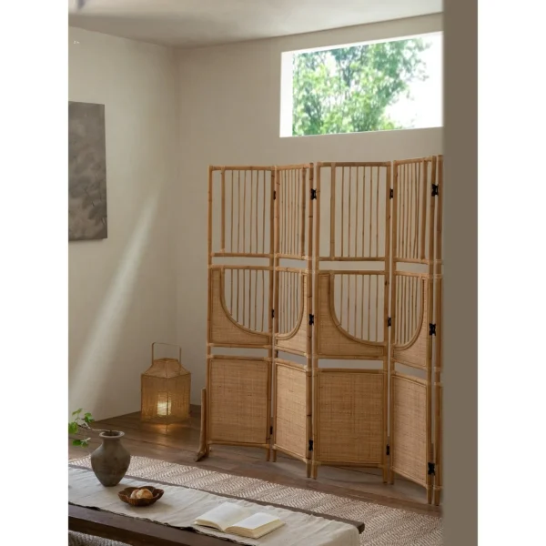 Long Summer All-Rattan Folding Screen with Butterfly Hinges in natural oak — in a room setting