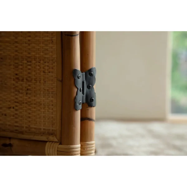 Long Summer All-Rattan Folding Screen with Butterfly Hinges in natural oak — in a room setting