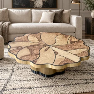 Lotus Leaf Burl Marquetry Coffee Table on Fluted Base in clay — front view