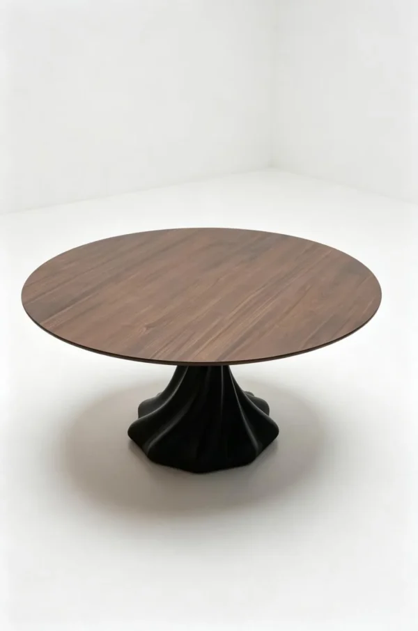 Lotus-Base Round Dining Table in Ash — in a room setting